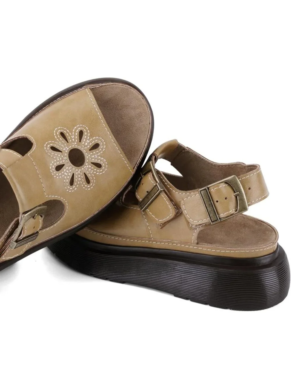 Women's Khaki Flat Open Toe Flower Decoration Fisherman Platform Sandal Shoes